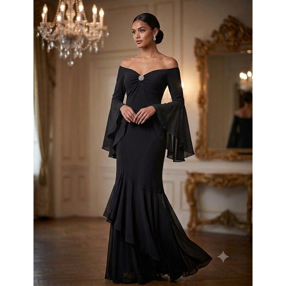 Frank Lyman Design Off Shoulder Mermaid Gown 10 Black Formal Mother of Bride...